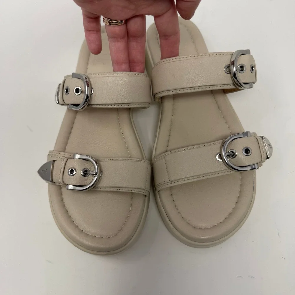 Frye Western Double Buckle Platform Slide Sandal Beige Leather Women Size 8